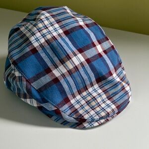 Bailey of Hollywood Blue/Burgundy Poet 100 Cotton Plaid Flat Cap NWOT Size Small